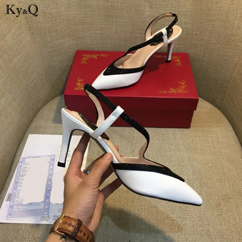 

Summer New 2019 Ladies Fashion Color Pointed Matching Stiletto Rounded Shallow Mouth Casual Baotou Wild High Heel Sandals 5-8cm