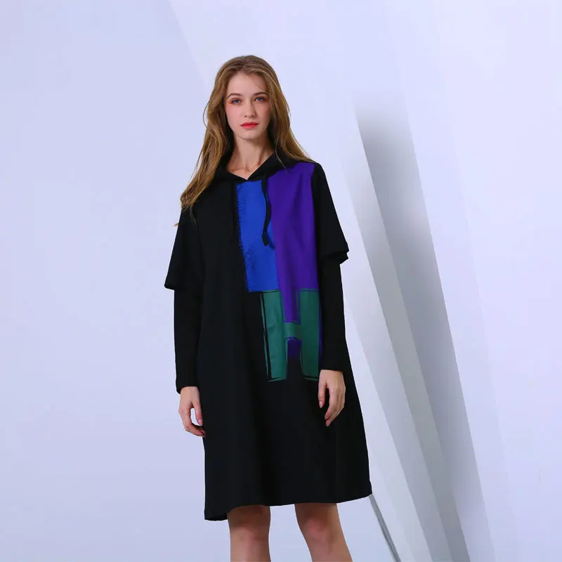Pièces Deux À Robes Taille 2019 Nouvelle Lanmrem Yg302 Manches Black gray Femelle Mode Grande Hoodies Pour Robe Imprimé Longues Faux Femmes Sweat 7OxBZ4