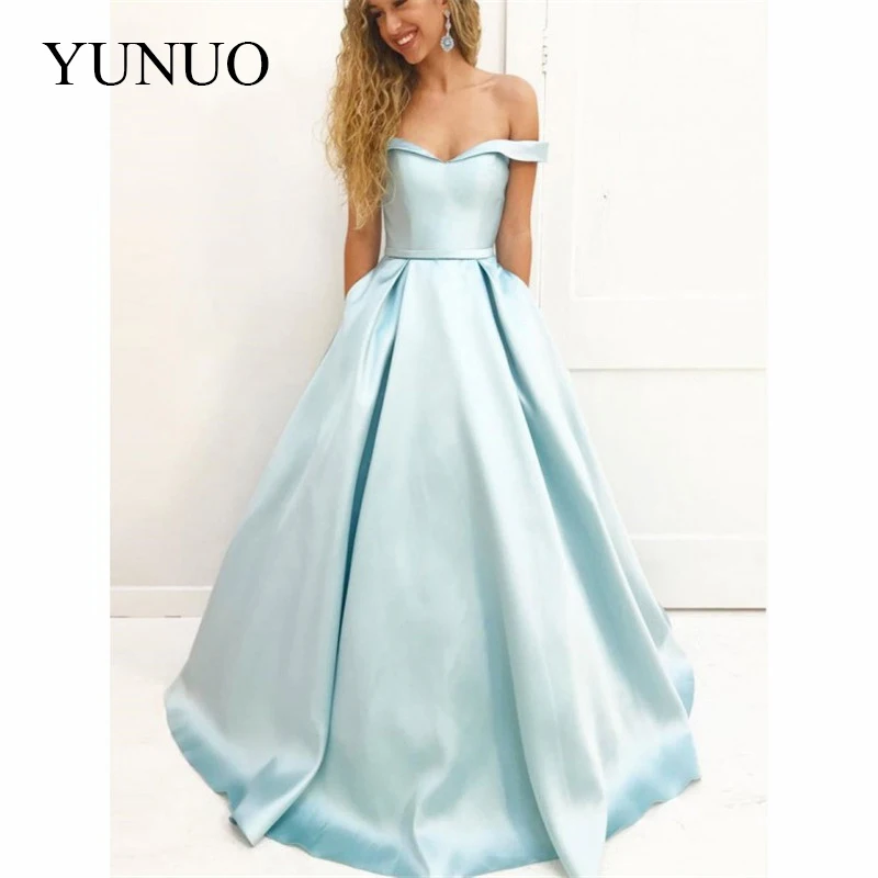 

YuNuo Elegant 2019 A-Line Off Shoulder Evening Dresses Long with Pockets Draped Satin Formal Evening Party Dress