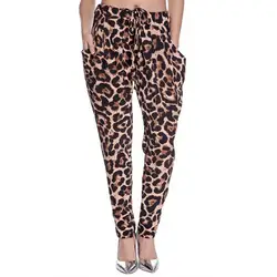 Для женщин леопардовым принтом Леггинсы Карандаш пикантные брюки для девочек Drawstring Высокая талия брюки Полный Длинные Длина