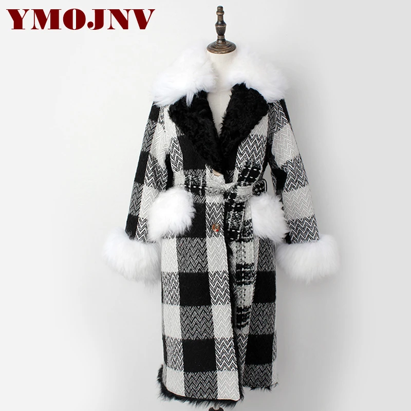 

YMOJNV New Elegant Plaid Women Winter Fur Coat Long Tweed Wool Jacket Iceland Fur Collar Real Lamb Fur Liner Coats manteau femme