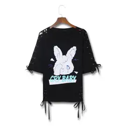Мультфильм плакать кролик на шнуровке футболка с круглым вырезом короткий рукав Для женщин футболка сезон: весна–лето Повседневное
