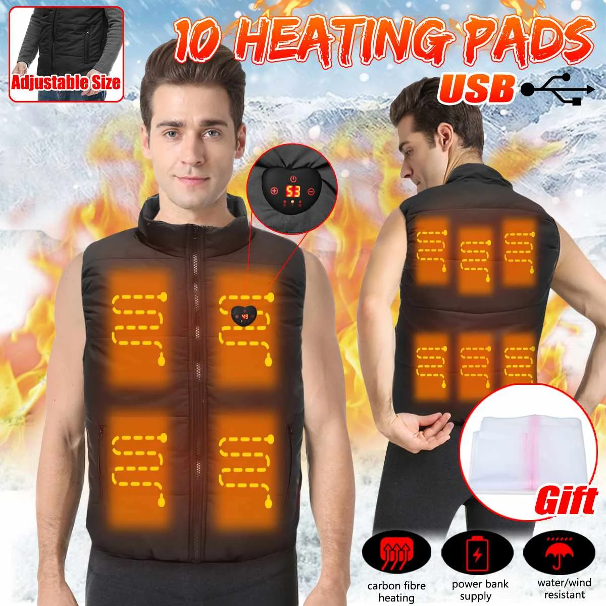 

10 Heating Pads Electric Heated Vest Men LED Display Waterproof 3 Modes Winter Waistcoat USB Thermal Warm Fast Heat Jacket Gifts