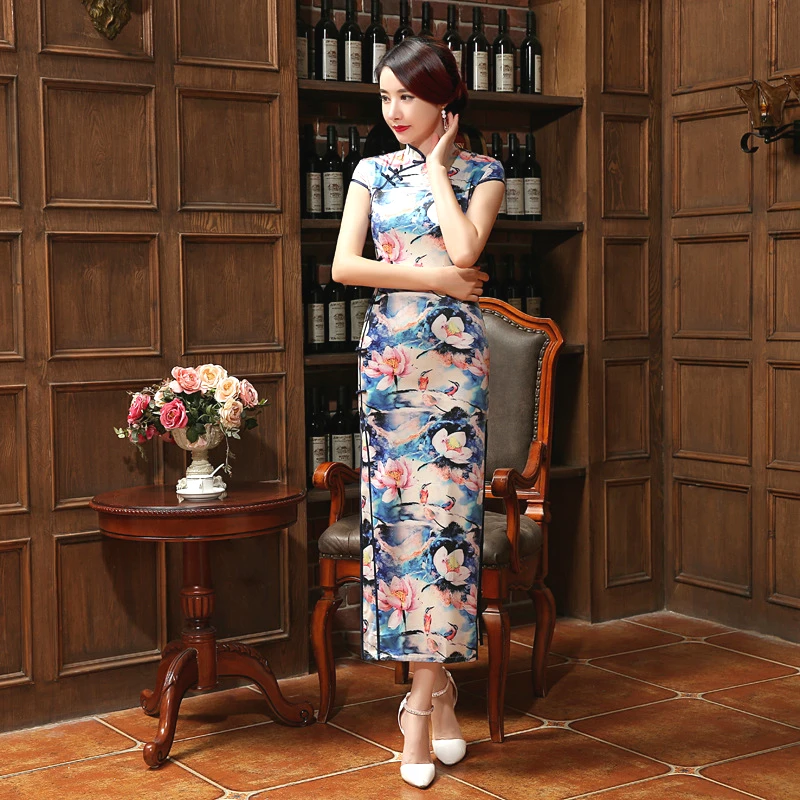 

Sheng Coco Women Elegant Printing Long Cheongsam Qipao Dresses Autumn Summer Chinese Cheongsam Qipao Silks And Satins Blue Qipao