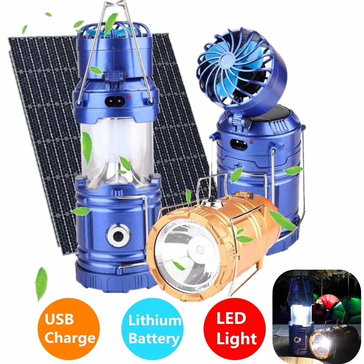 Multifunction 6 LEDs Solar Powered Fan Camping Light Collapsible LED