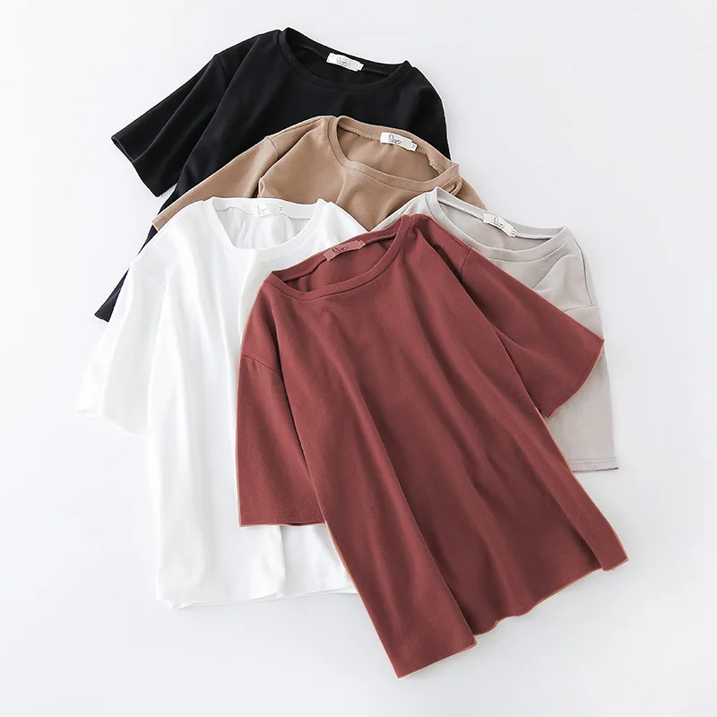 

2019 Spring Summer Korean Women's Vogue Basic T-shirt Short Sleeve Solid Color Ulzzang Tees Oversize Streetwear Female Sexy Top
