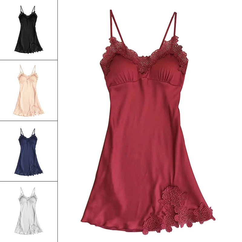 

Sexy Lace Night Dress Women V-Neck Sleepwear Skirt Silk Nightgown Sleeveless Padded Nightdress Ladies Nightwear Home Dress #D
