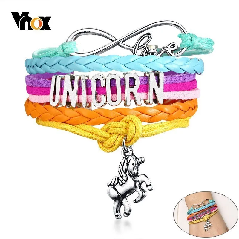 

Vnox Unicorn Charm Cuff Bracelets for Women Man Multi-layer Leather Unisex pulseira Length Adjustable