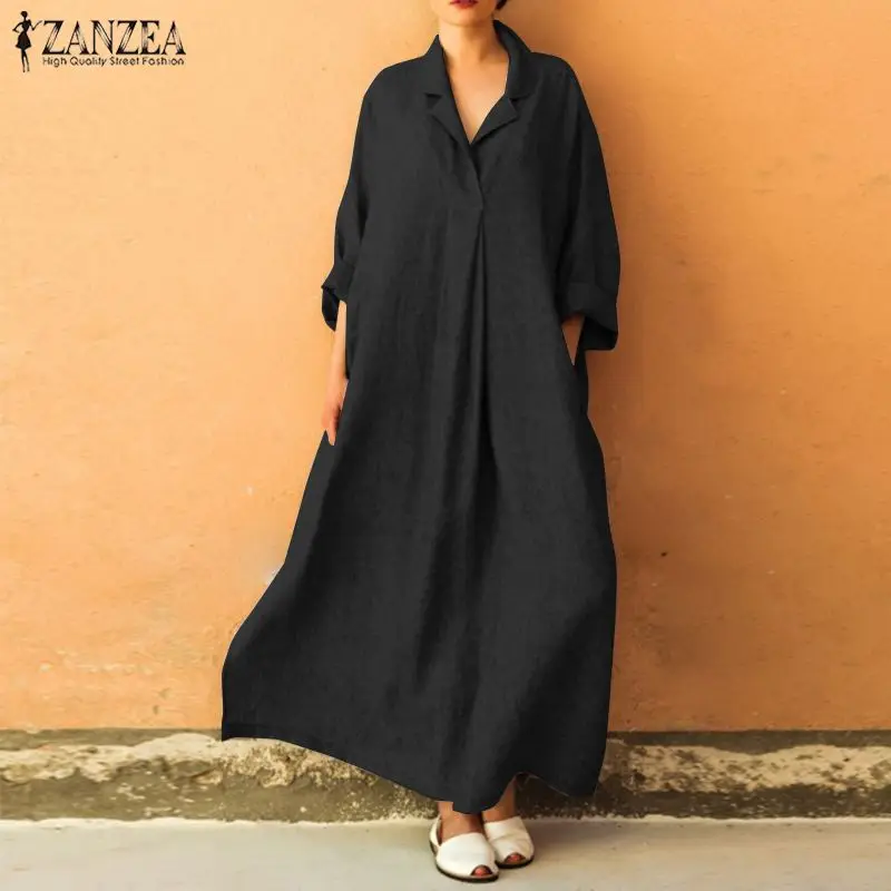 

ZANZEA Plus Size Women's Sundress Female Lapel Vestido Elegant Button Down Shirt Dress Long Sleeve Party Maxi Dress Robe Femme