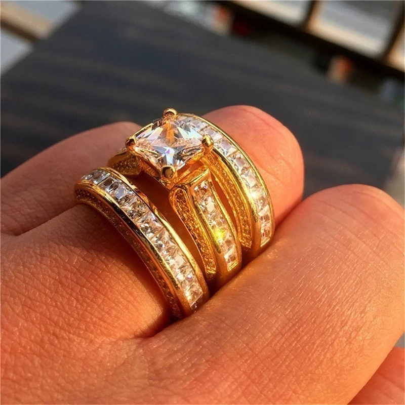 Huitan De Compromiso chapados en plata y oro mujer, conjunto de anillos para mujer, accesorios de boda incrustaciones de cristal CZ, 3 unids/set por - AliExpress