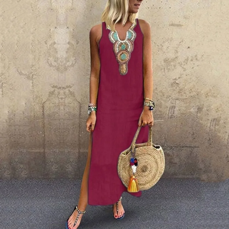 

Pure Color Loose Sexy Bohemian Beach Dresses Tank Sleeveless Maxi Runway Dress Sexy V Neck Spring Vestido