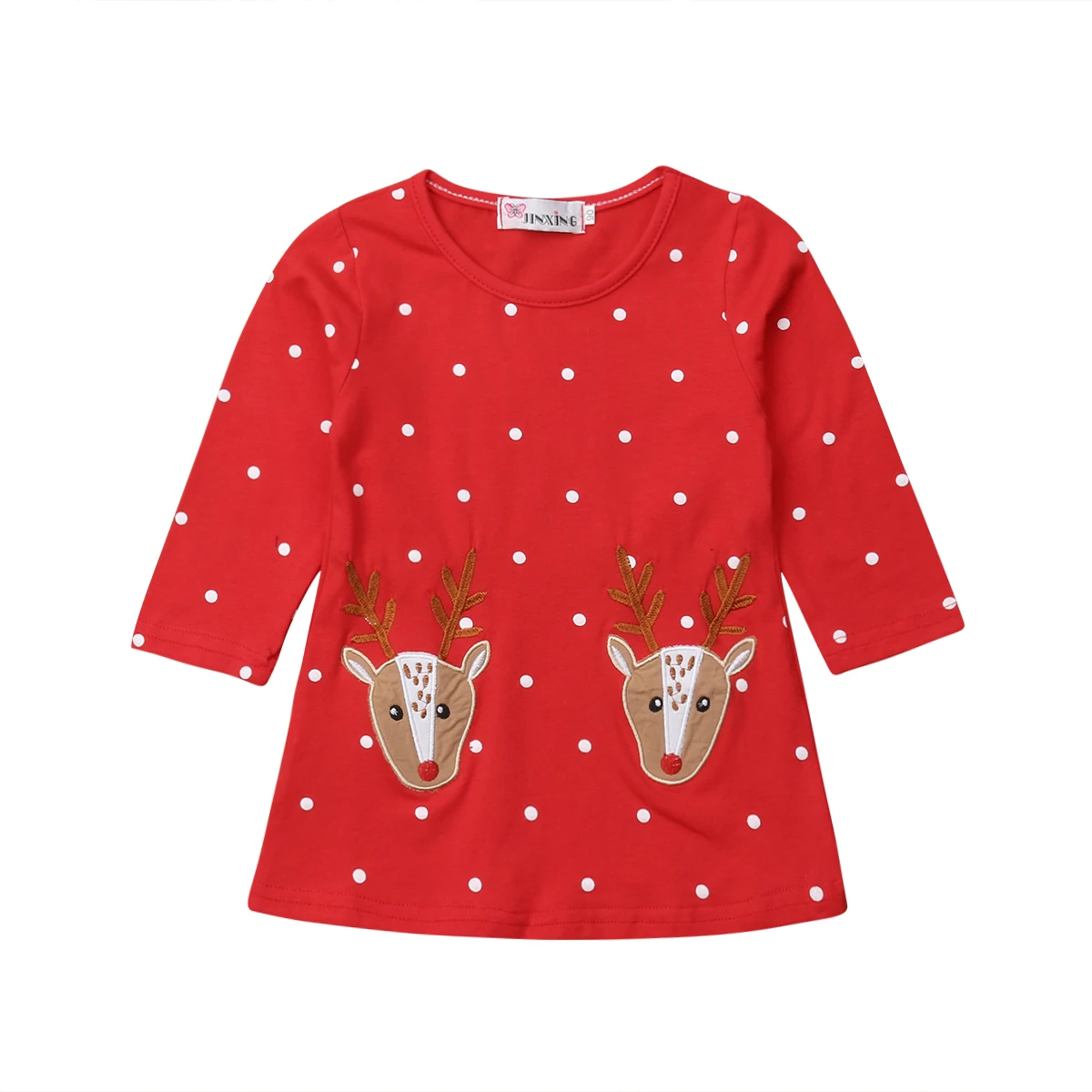 

Christmas Toddler Kids Baby Girl Long Sleeve Dot Deer Print A-line Cotton Mini Dress One Pieces Xmas Clothes