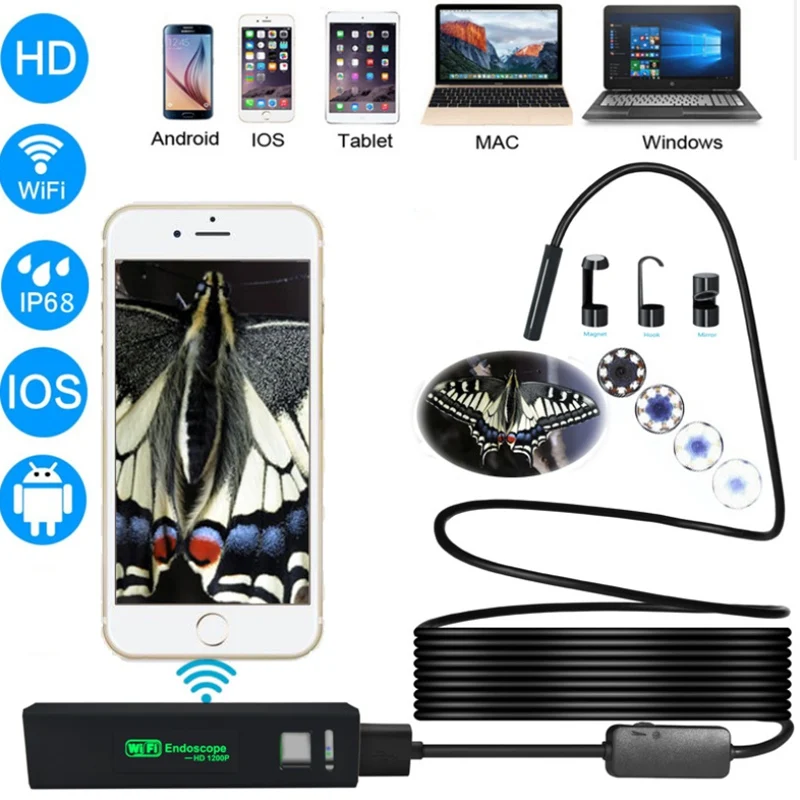 HD 1200P WIFI Endoscope Camera 1 10 m Waterproof Hard Cable Borescope