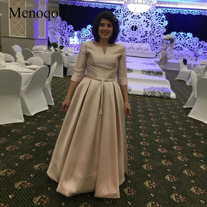 Menoqo Новое поступление Элегантный длинное платье для выпускного вечера вечерние платья Формальные атласные Половина рукава мусульманские