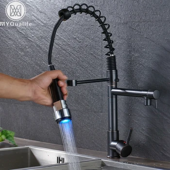 

Deck Mounted LED Light Kitchen Faucet Deck Mounted Spring Pull Down Kitchen Mixer Tap Dual Swivel Spout Hot Cold Vessel Sink Tap