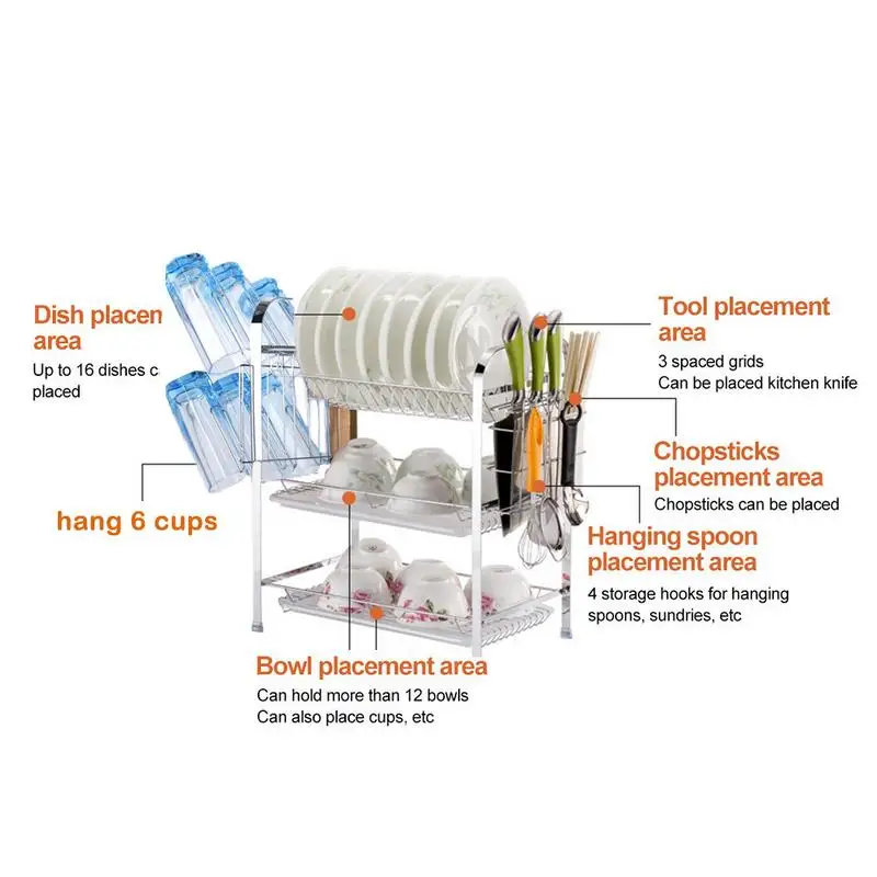 Стеллаж для хранения сушки три Слои Хромированная Пластина дренажная стойка стеллаж для хранения с дренажная панель столовые приборы: чашки блюдо стеллажи для выставки товаров 3-х уровневая Dishrack