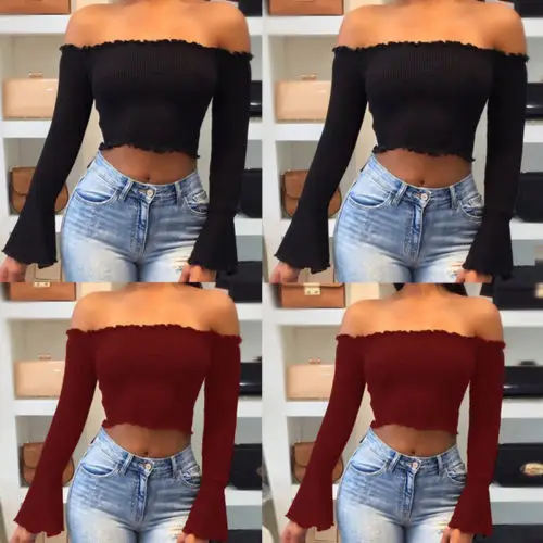 

Fashion Lady Women Off Shoulder Top Long Sleeve Pullover Knitted Casual Shirts Summer T-Shirt Clothes