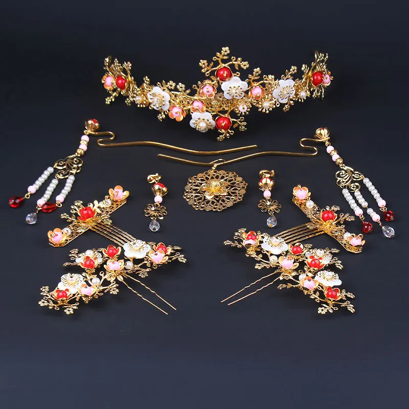 

chinese red hairpins combs coronet Bride's ancient headdress styling set hair clasp wedding hair accessories