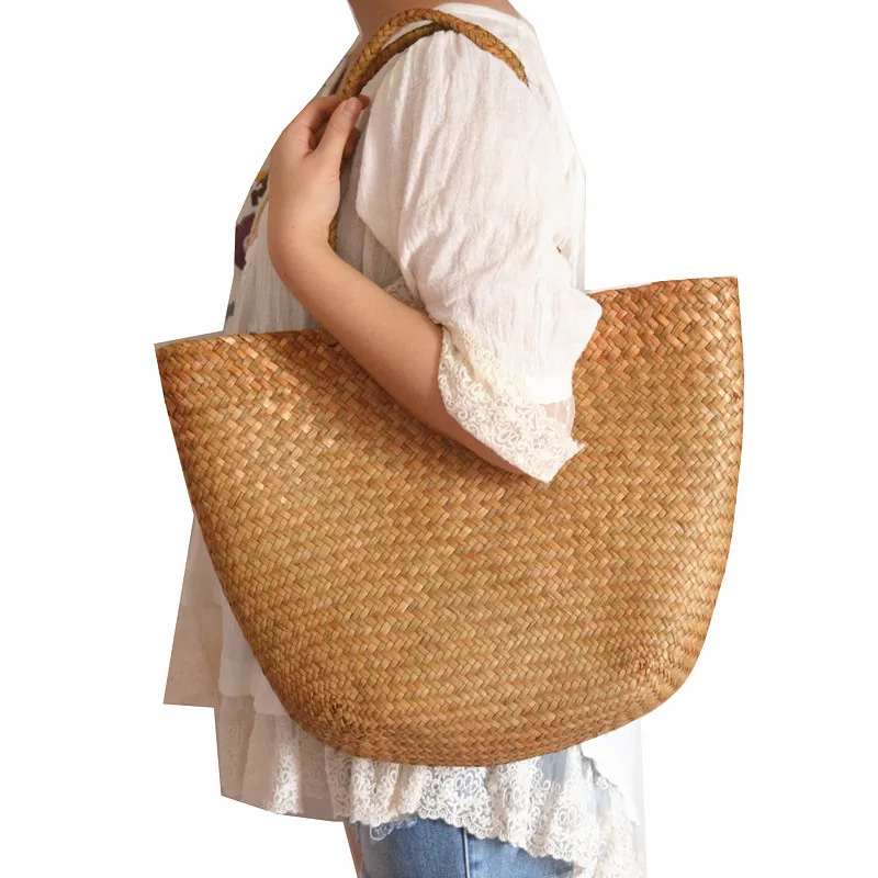 Casual straw bag big tote natural wicker bags women large capacity beach braided handbag for garden - 32895154038