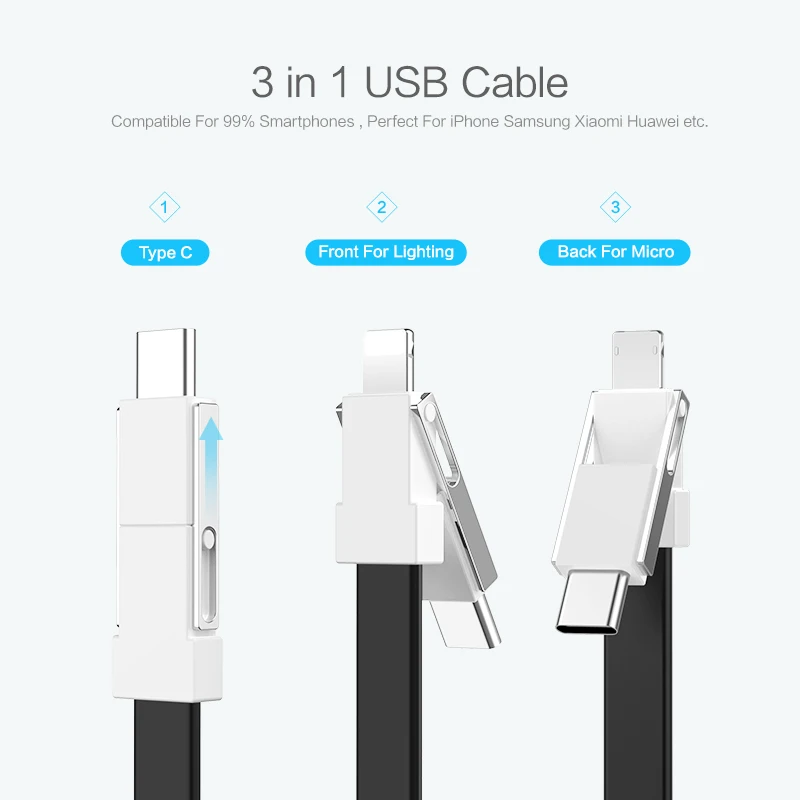 FLOVEME 3 в 1 брелок USB C кабель для type C Micro USB для Lightning Кабель для iPhone samsung Зарядка OTG адаптер для передачи данных