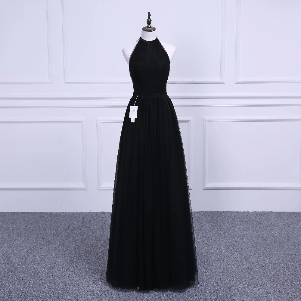 Cheap Hot Robe De Soiree halter Sexy Black Pleat Tull Long Evening Dresses Bride Banquet Elegant Floor-length Party Prom Dress 2020 0