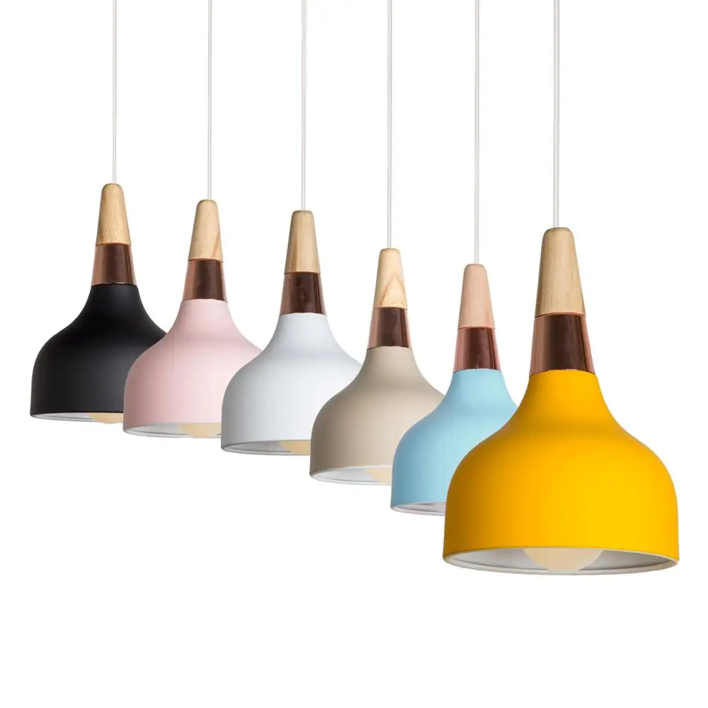 Шестицветные подвесные светильники для столовой, подвесные лампы, современный цвет, для ресторана, кофе, спальни, освещение из железа+ твердой древесины, E27 держатель