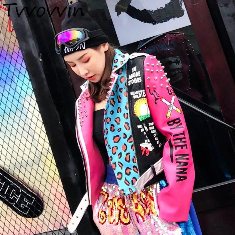 

TVVOVVIN [custom style] Pink Leopard 2019 Autumn Rivet Letter Printing Short Women PU Leather Jacket E030