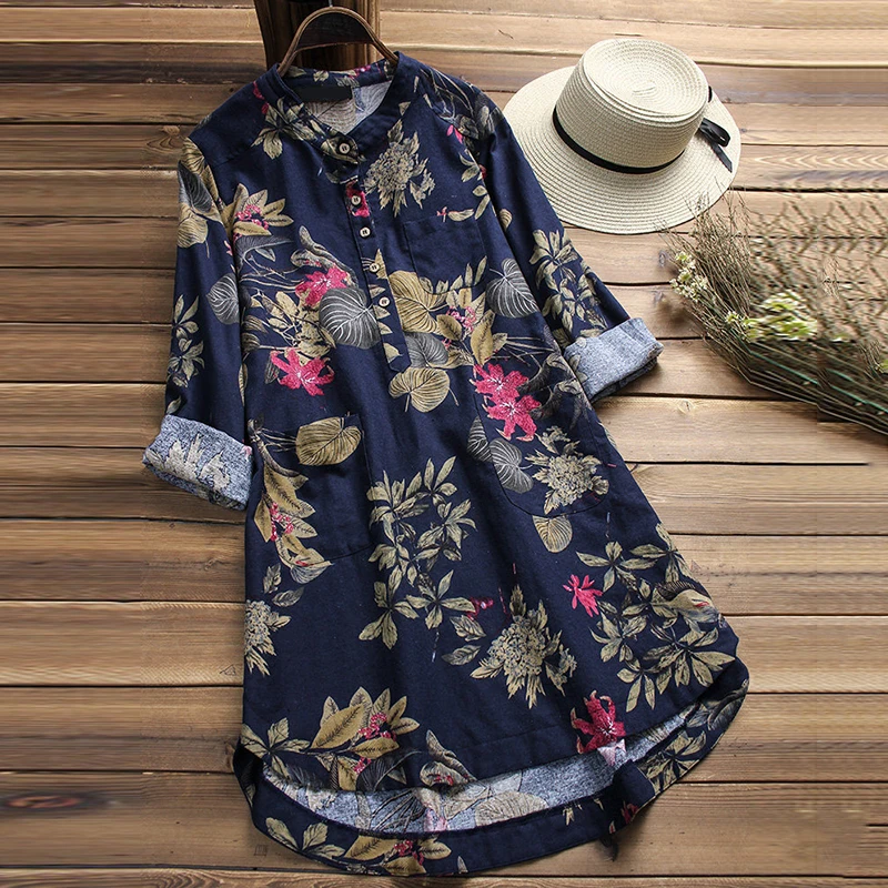 classic Cotton Linen Women's Floral Print Mini Dress Summer Party Long ...