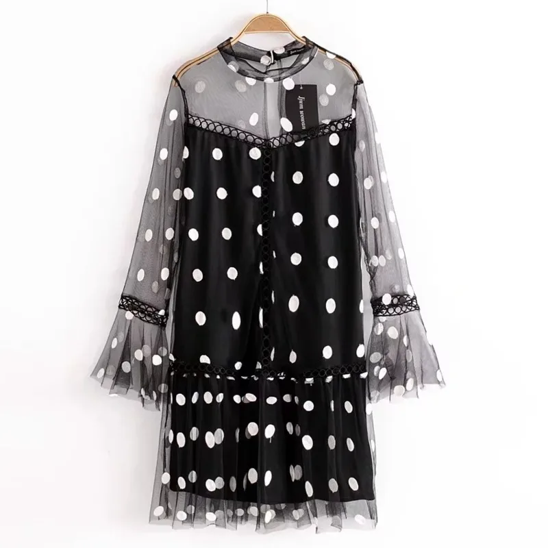 

TVVOVVIN New Summer 2019 Fashion tide stand collar Dot printed Perspective Flare Sleeve Ruffle loose Dress women Q061