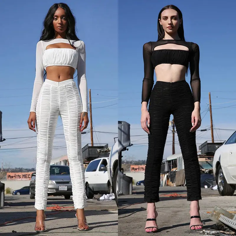 

Hot Ladies Sexy Women Long Sleeve Lace See Through Sheer Mesh Solid Tops