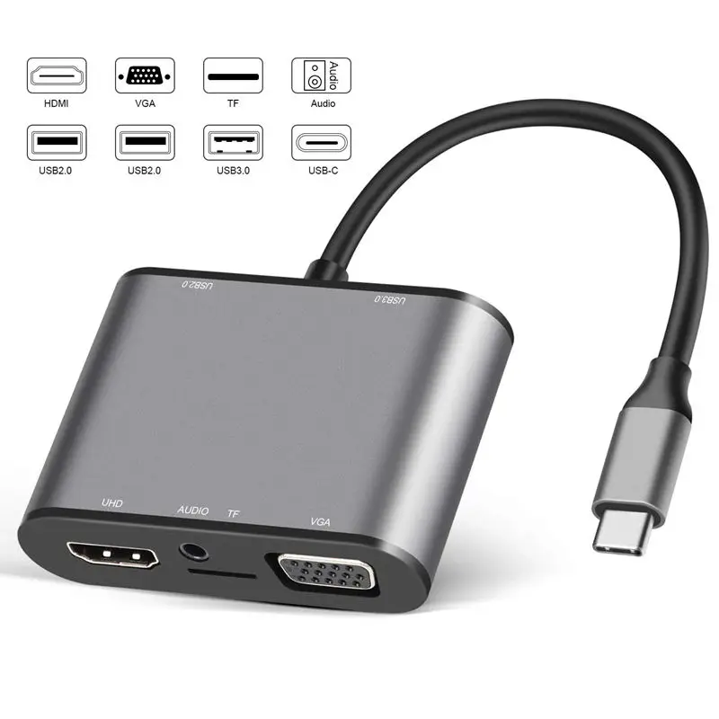 Usb C концентратор к Hdmi Vga адаптер-8 в 1 Usb C док-станция с 4K Hdmi, Vga, Usb 3,0, 2 Usb 2,0, Micro-Sd, 3,5 мм аудио разъем