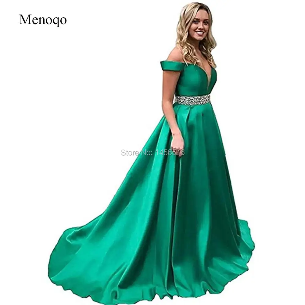 

Green Off Shoulder Evening Dress for Women A-Line Satin Formal Gowns 2019