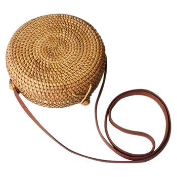 

NEW-Gril Bag Handwoven Bali Round Retro Rattan Straw Beach Crossbody Bag Tops(B)
