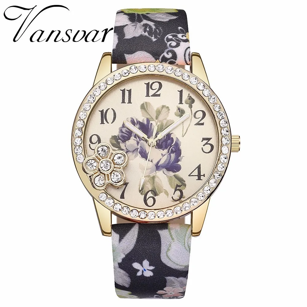 

Fashion Women Flower Pattern Watch Casual Luxury Leather Rhinestone Quartz Watches Vansvar Brand Relogio Feminino Dropshipping