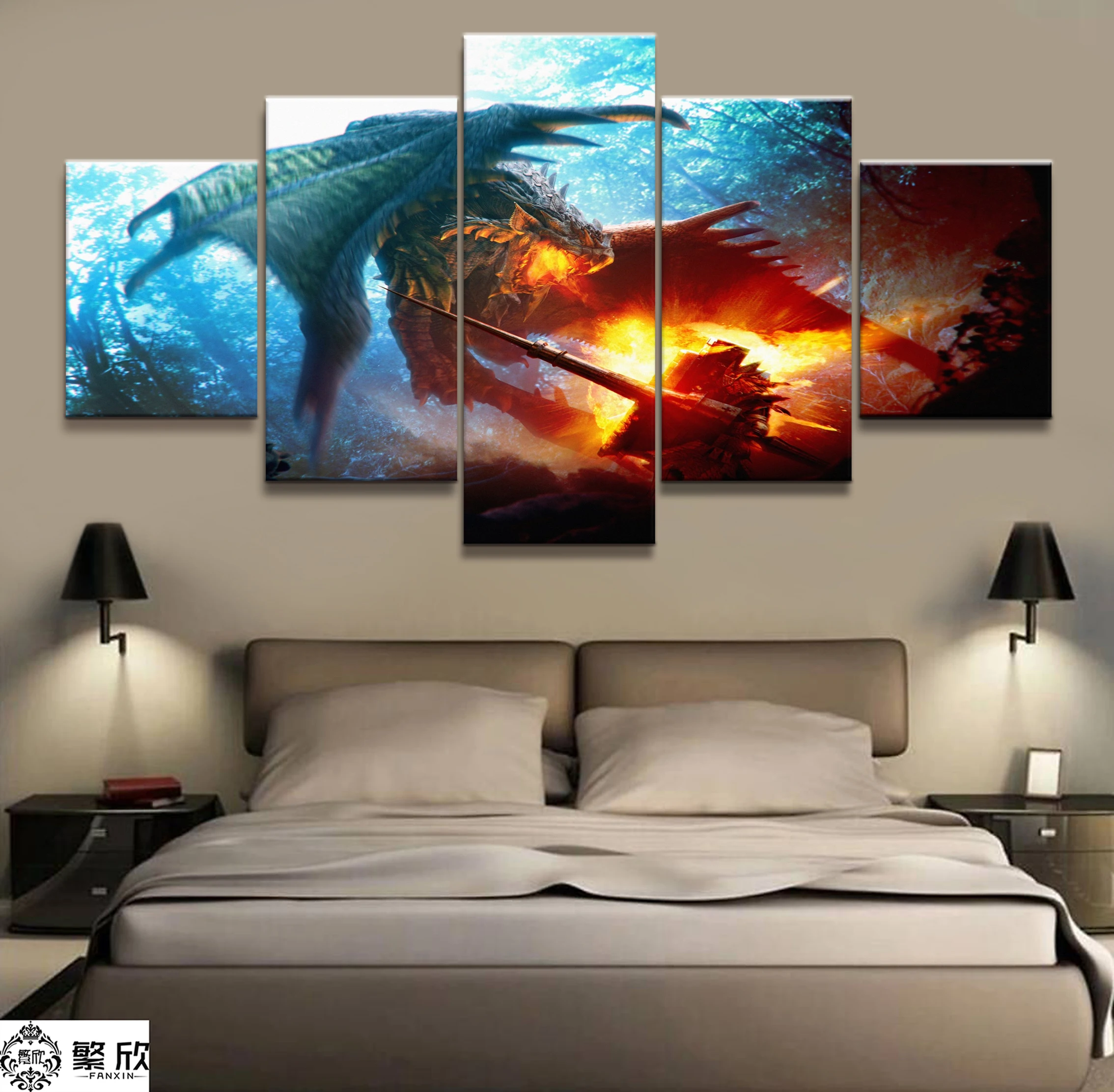 

Home Decor Modular Canvas Picture 5 Piece Monster Hunter Game Painting Poster Wall For Home Art Canvas Painting Wholesale