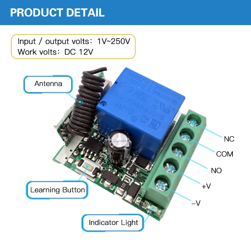 Universal Remote Control DC 12V 1 Channel 433MHz Relay Receiver Module RF Switch 1 Button Remote Control Gate Garage Switch