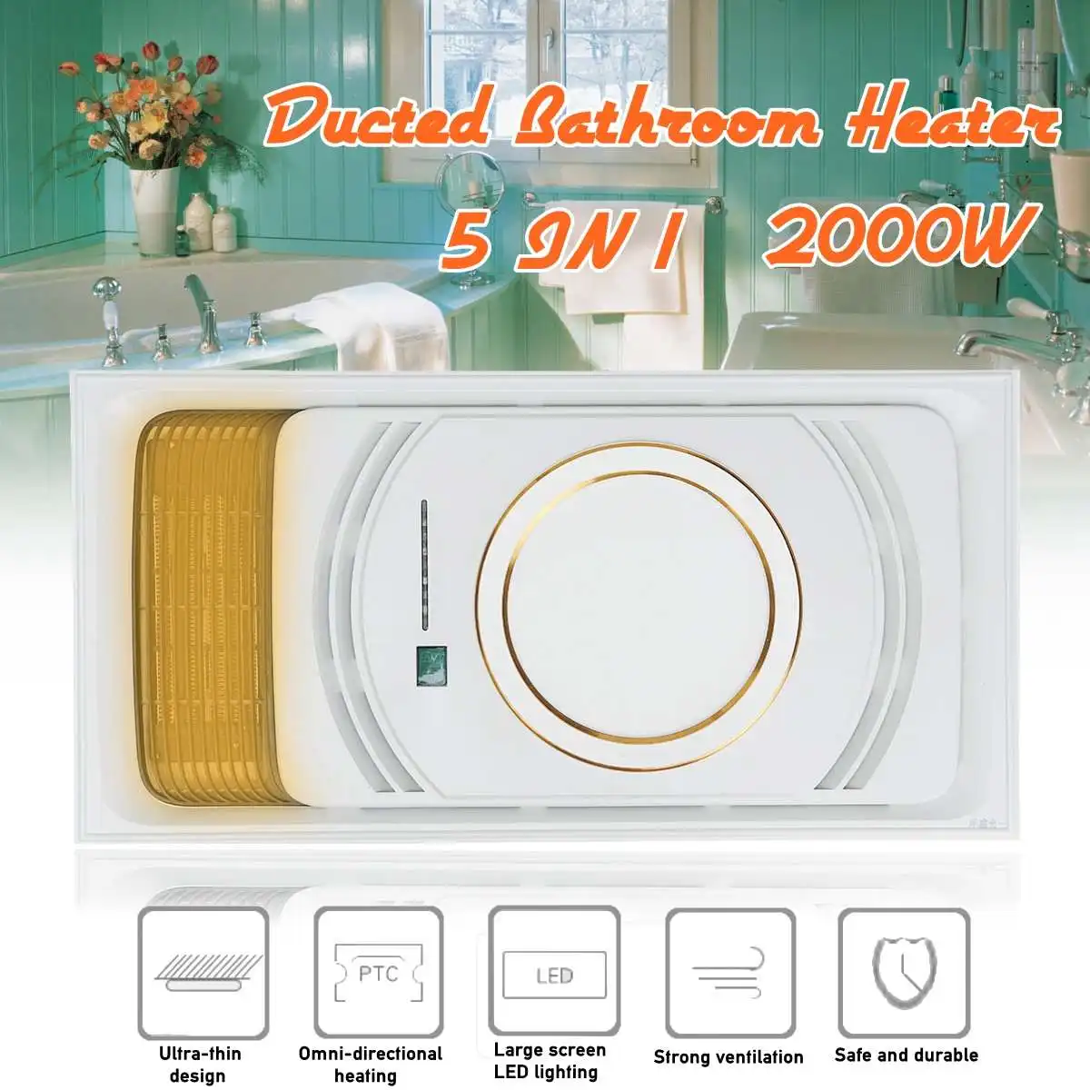 

5 in 1 Bathroom Ceiling Electric Heater 2KW 220V Exhaust Fan Ducted Heat LED Light
