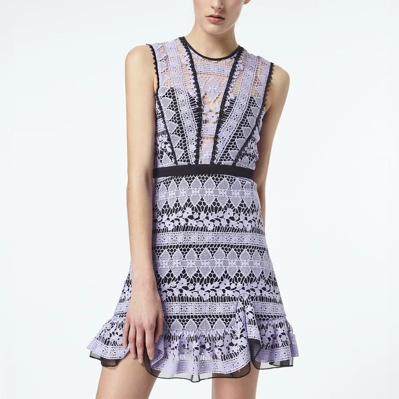 

2019 New arrival High quality luxury runway Women's hollow Lace dress O neck sleeveless Summer Chic Dress vestidos verano robe