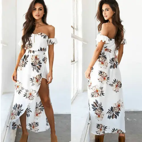 

Boho Print Long Party Dress Women Floral Spilt Dresses Off Shoulder Evening Summer Beach Sundress