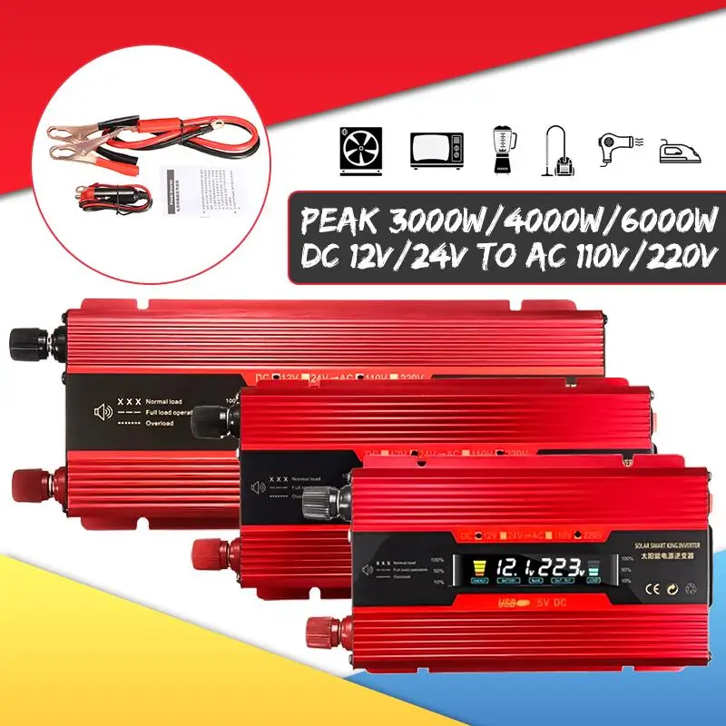

Car Inverter 12V/24V 220V 6000W P eak Power Inverter Voltage Convertor Transformer DC 12V/24V To AC 220V Inversor LCD Display