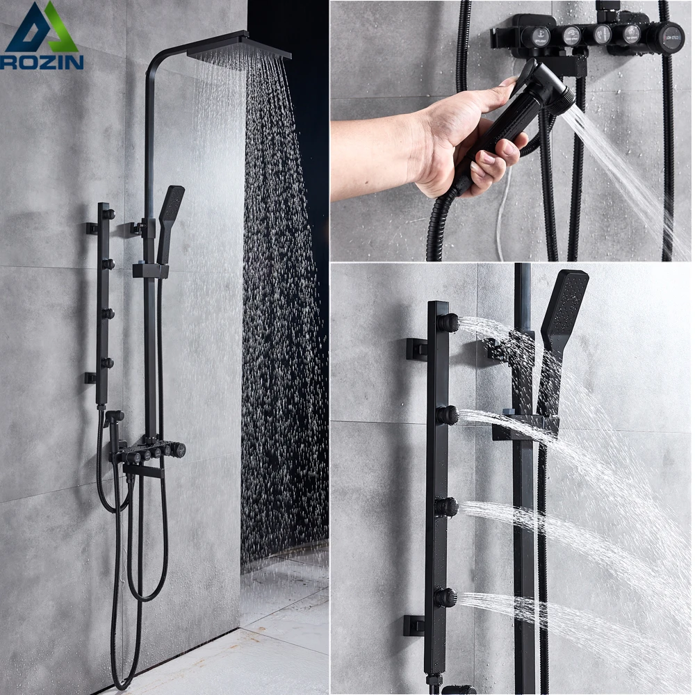 黒シャワーシステム高さ調節可能なマッサージジェットシャワーミキサー降雨シャワーヘッド真鍮ビデスプレーヘッドお風呂シャワー蛇口
