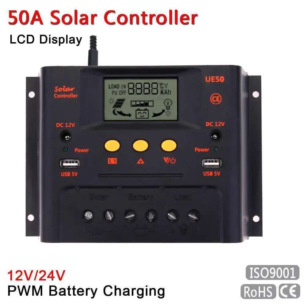 

Intelligent 50A Solar Controller 12V/24V Panel Battery Regulator Charge Controller LCD Display PWM Battery Charging