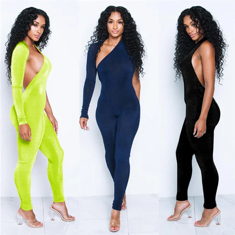 

Fashion Womens One Shoulder Slim Jumpsuit Sexy Ladies Long Sleeve Backless NightOut Party Romper Solid Color Skinny Clubwear