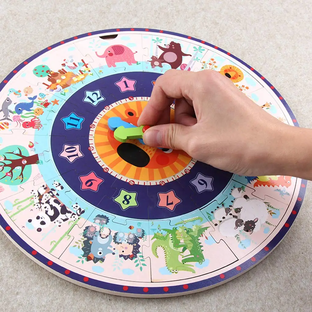 

2 In 1 Wooden Puzzle Teaching Clock Montessori Early Learning Educational Toys Birthday Gift for Children Toddler Kids