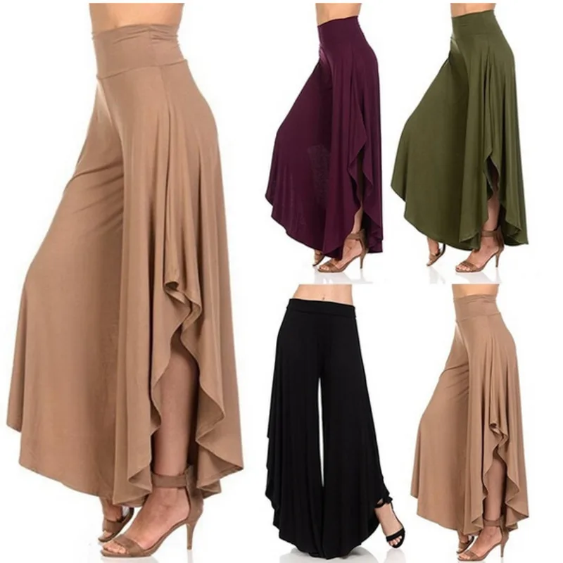 

Womens Fashion Popular Pure Color High Waist Irregular Long Casual Loose Sexy Wide Leg Pants 8 Colors