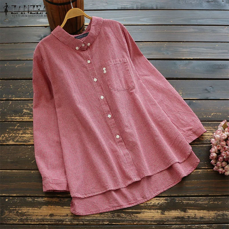 

ZANZEA Fashion Women Tops and Blouses Ladies Spring Summer Long Sleeve Check Shirt Plaid Lapel Tunic Tops Blusa Feminina Chemise