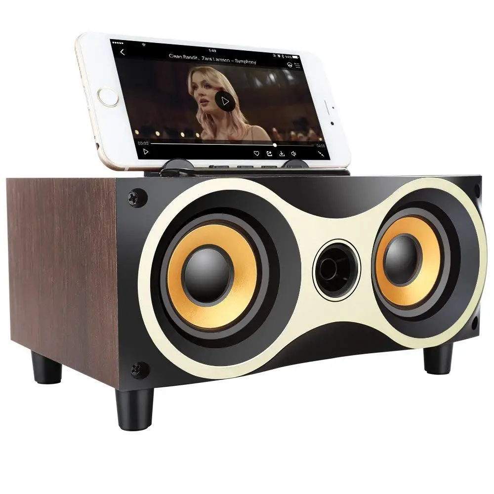 

Desktop Portable Wooden Wireless Speaker Subwoofer Stero Bluetooth Speakers Support TF MP3 Player with FM Radio, Phone Holder