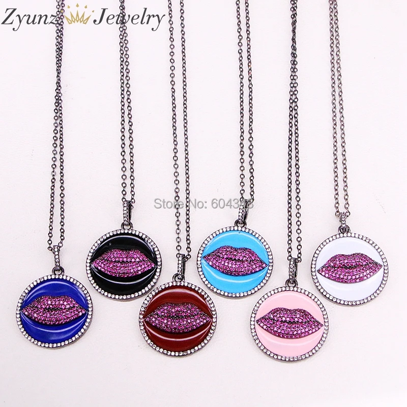 

5 Strands ZYZ320-7075 Pave zirconia ROUND pendant, pave enamel mix colors lips pendant NECKLACE