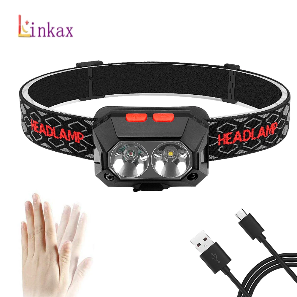 

4 Modes Normal switch + Induction Headlight USB Rechargeable Camping Flashlight Waterproof Head Light Torch Built-in Battery