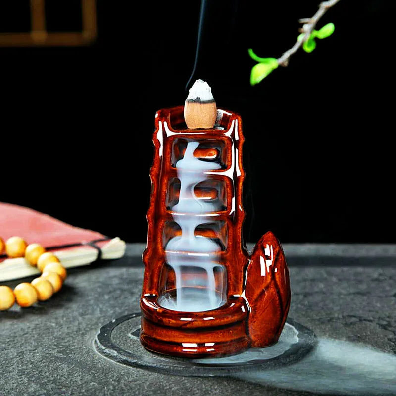 

Backflow Incense Burner Auspicious and Bamboo Shape Ceramic Cone Censer Home Decor with 10pc Cones Buddhist Incense Holder